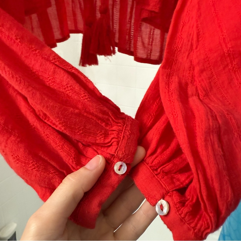 Sold Free People Cotton Lace Longe sleeve cover blouse Red Top - Picture 6 of 9